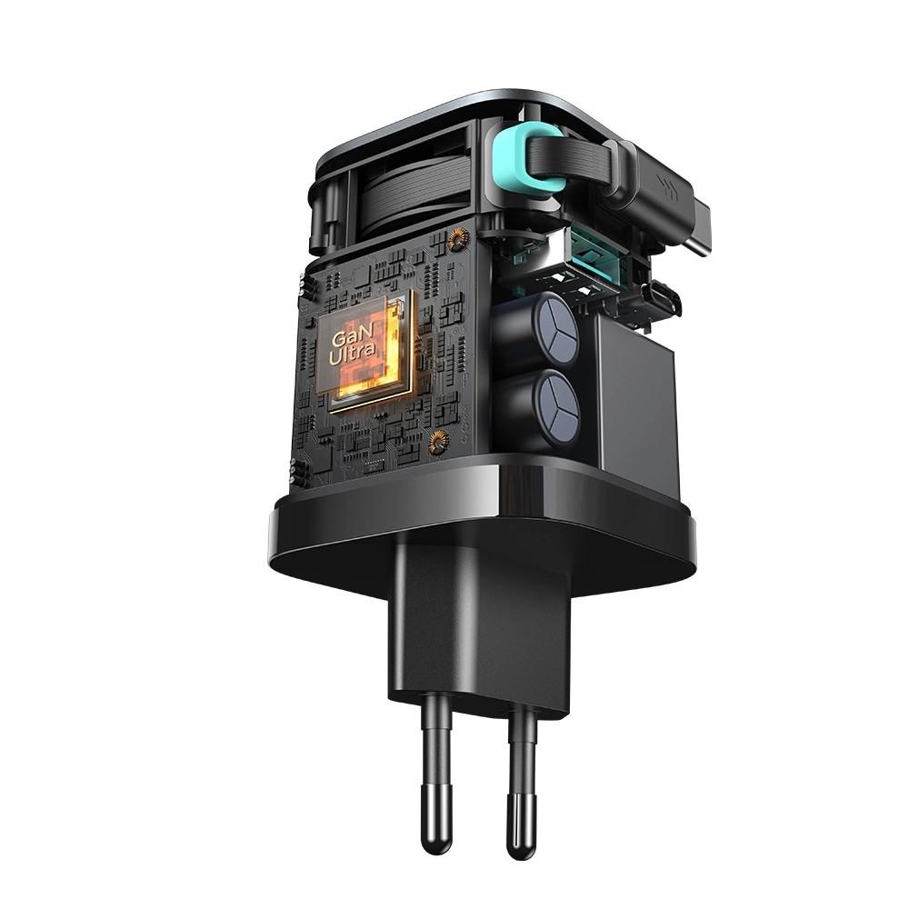 Ładowarka GaN Joyroom JR-TCL02 65W USB-A USB-C z wbudowanym kablem USB-C - czarna