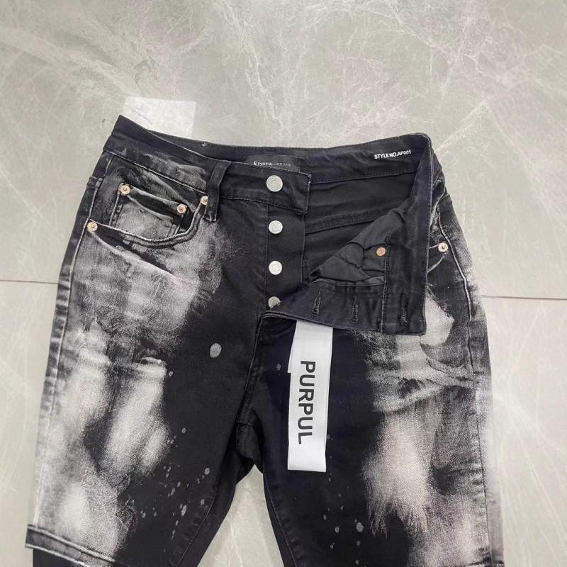 Mens High Street Denim Shorts Black Side P Stretch PU Splatter Print Casual Straight Fit