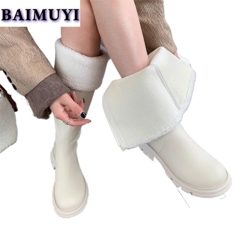 Женские зимние сапоги на платформе до колена, меховые хлопковые туфли «Челси» на толстом каблуке, тренд 2024 года, зимние кожаные готические плюшевые теплые ботинки Mujer
