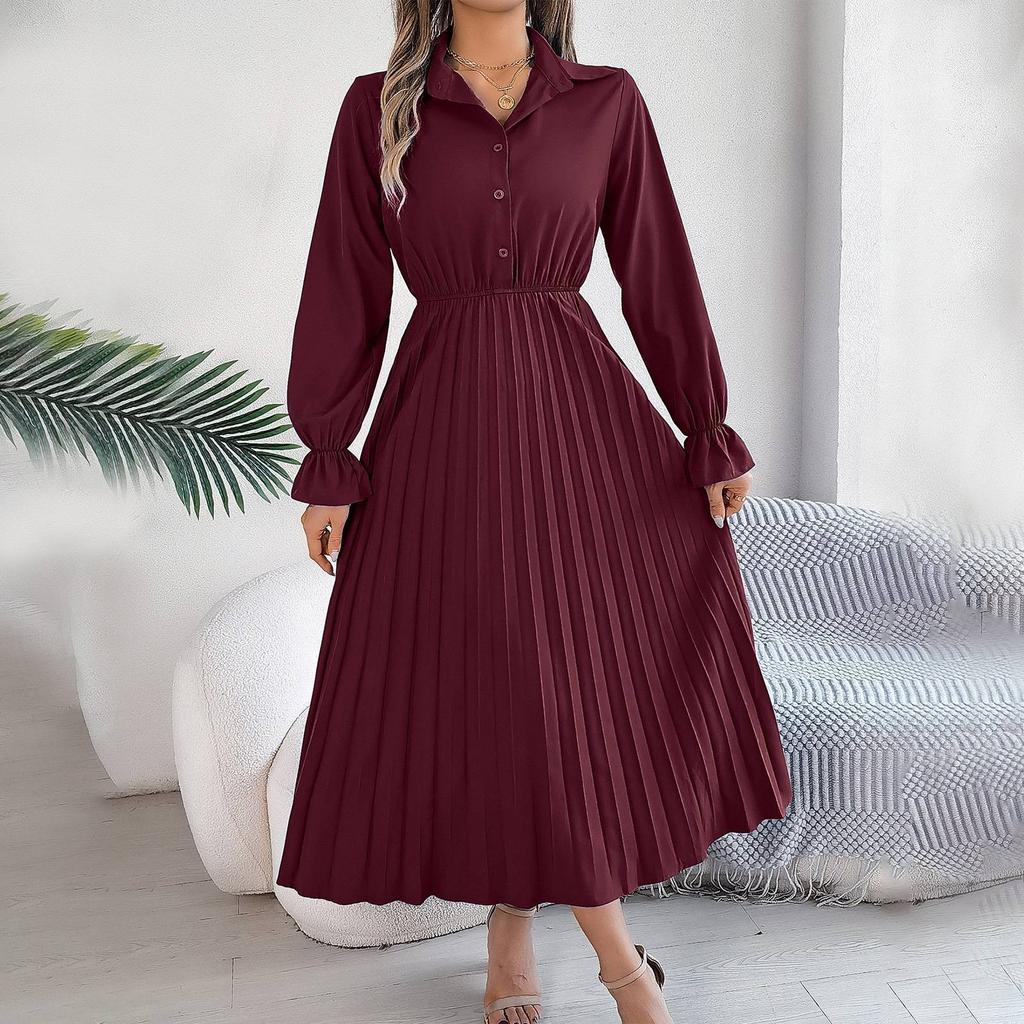 Женское модное ретро однотонное платье с длинными рукавами и пуговицами на талии и лацканами