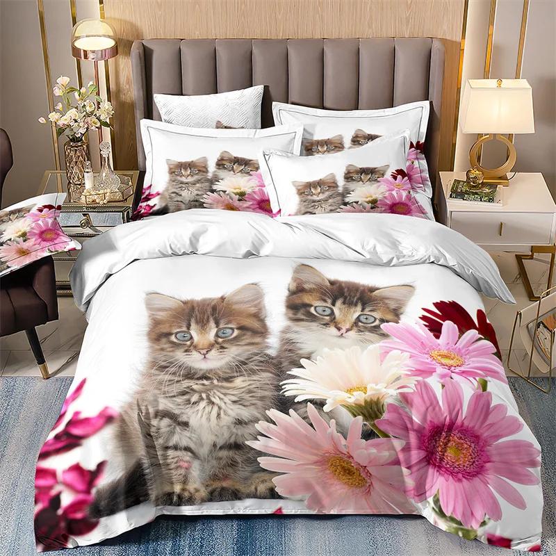 Cute Kitten Bed Cover Full Set For Girls, Single Bedding Set, Microfiber Quilt Cover With Pillowcases, Cute Little Kitten, 135x2