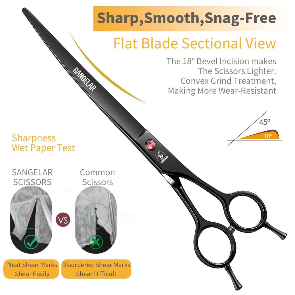 SANGELAR 8 Inch Pet Grooming Scissors Trimming Scissors Dog Grooming Curved Cutting Shear Big Pet Shop Tools Left Right Hand Using Pet Scissors