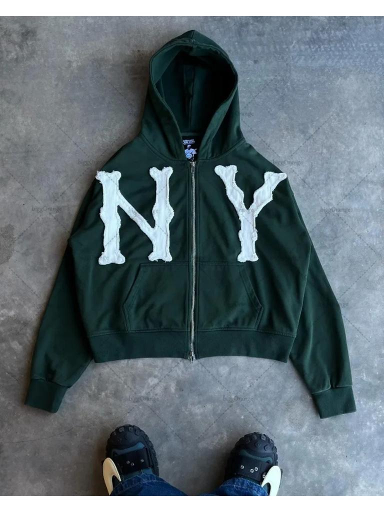 ZYLLO Y2k Harajuku Retro Trendy Brand Letter Embroidery Oversized Swetshirt Women High Street Fashion Loose Zipper Hoodie