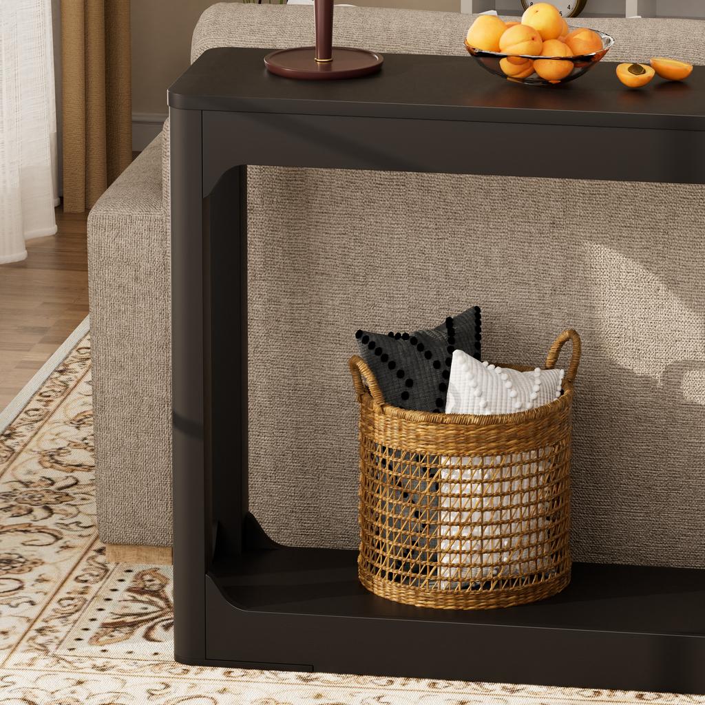 140cm Long, Curved Side Table with Storage, a Two-Tier Storage Table for Behind the Sofa, the Entrance Area, the Hallway and the Foyer. Black