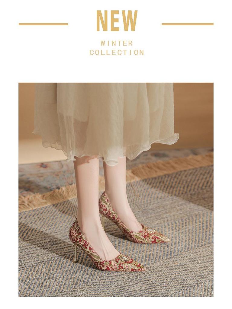 2025 Red Xiuhe Rivet High Heels for Bridal Toasting - Women's Chinese Wedding Shoes