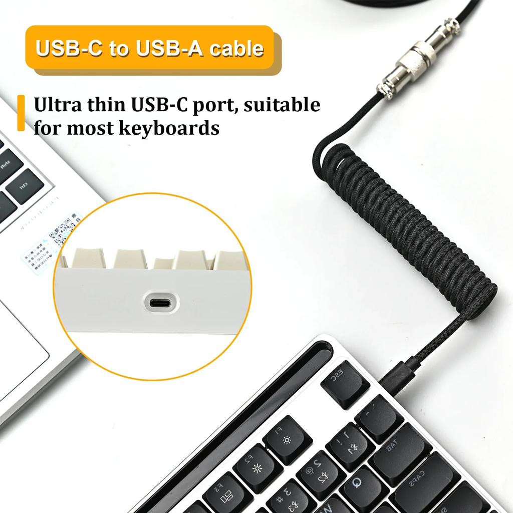 New Type C Coiled Cable USB Aviator Aviation Connector for Mechanical Gaming Keyboard Desktop PC Data Sync Charging Wire