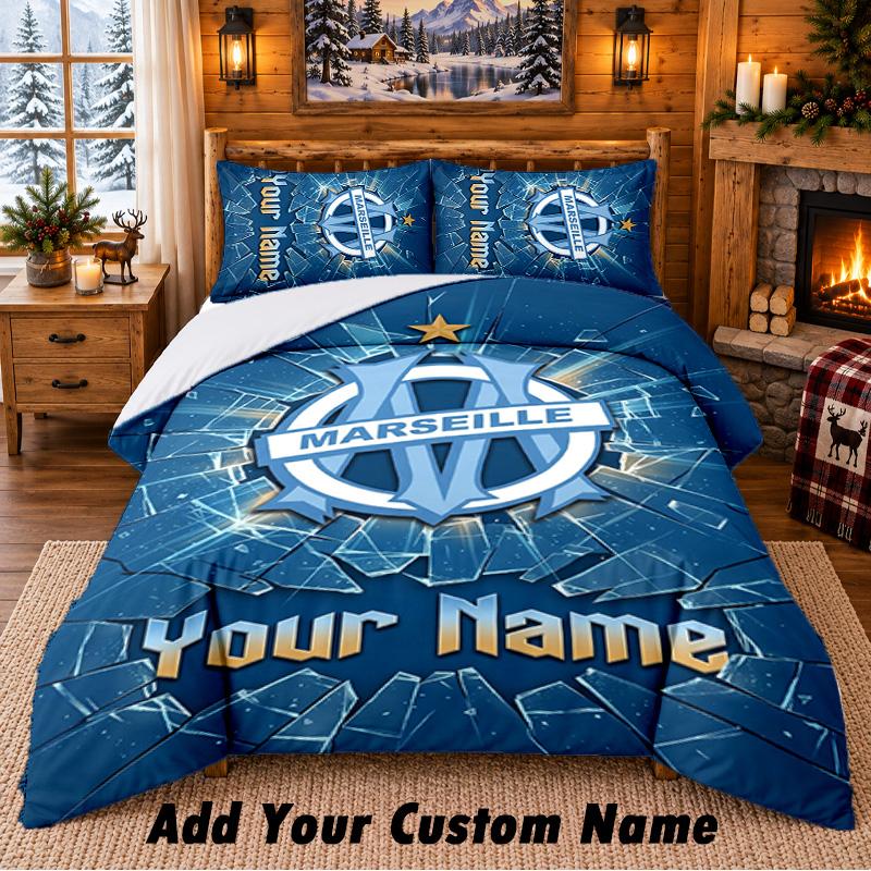 Постельное белье с узором ФК «Олимпик Марсель», набор из 3 предметов, с возможностью персонализации имени, простыня и наволочки для домашней спальни