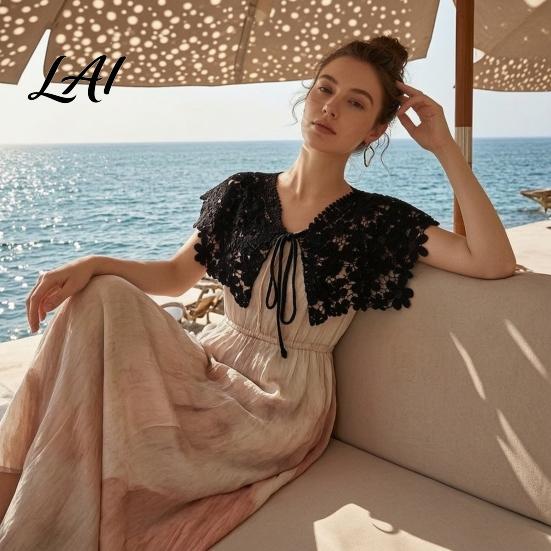 Vintage Style Hollow Shawl Crochet Flower False Collar for Women Retro Floral Detachable Fake Neck Accessory with Adjustable Ties Soft Decorative