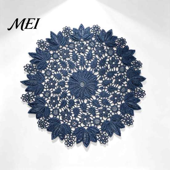 Tea Tray Mats Round Lace Doily, Dark Blue Floral Placemat, Embroidered Table Thickened Polyester Doilies Mat, Heat-resistant for Home Decoration