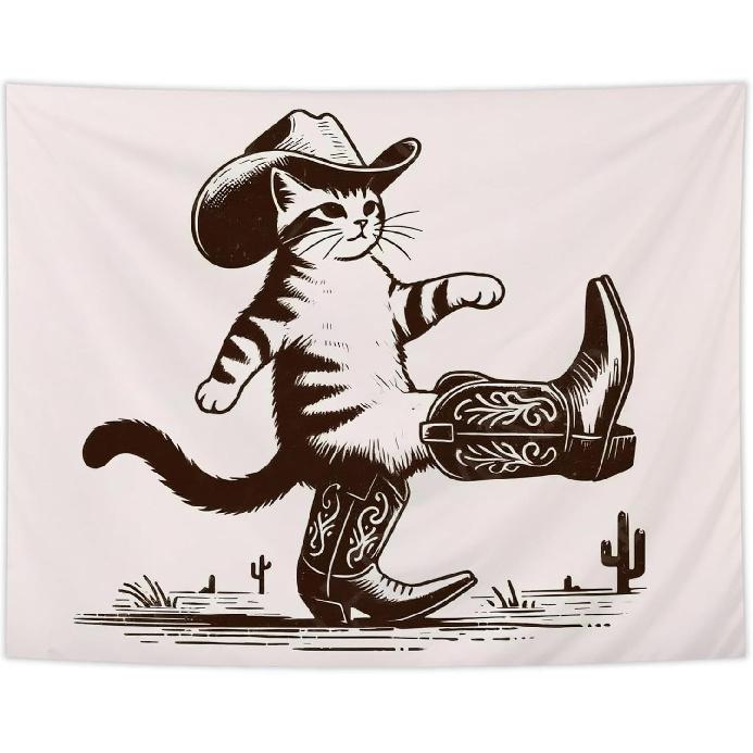 NATSUNO Western Tapestry, Funny Western Cowboy Cat Wall Tapestry for Bedroom, Retro Wild West Country Cat Tapestries Wall Hanging for Home Bedroom