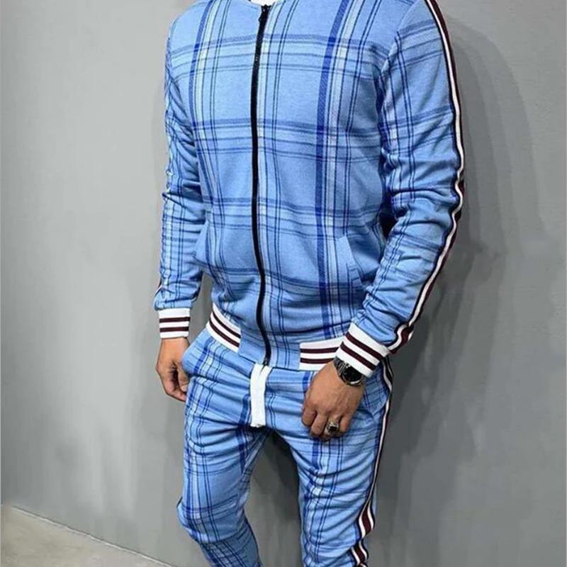 Men' 3D Plaid Sports Suit Gentlemen Sets Jacket Man Set Tracksuit Fitness Fashion Zipper 2 Pieces Men's Sets Sportswear Suit Men
