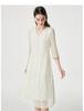100% mulberry silk] Spring and summer V-neck elegant hollow embroidery loose and slimming silk dress for women