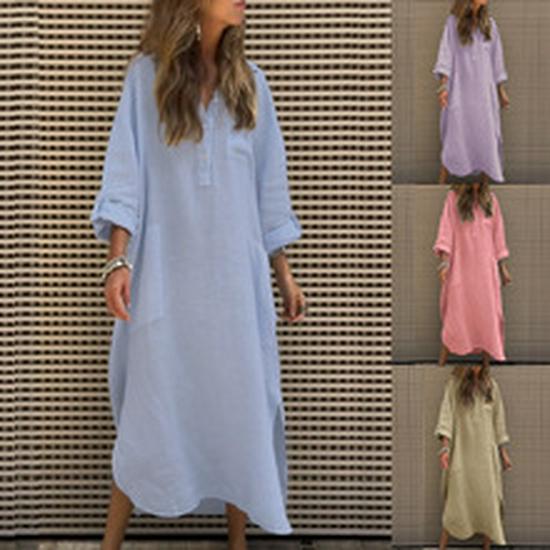 2025 Summer Women's V-neck Cotton Linen Dress: Casual European & American Vacation Style