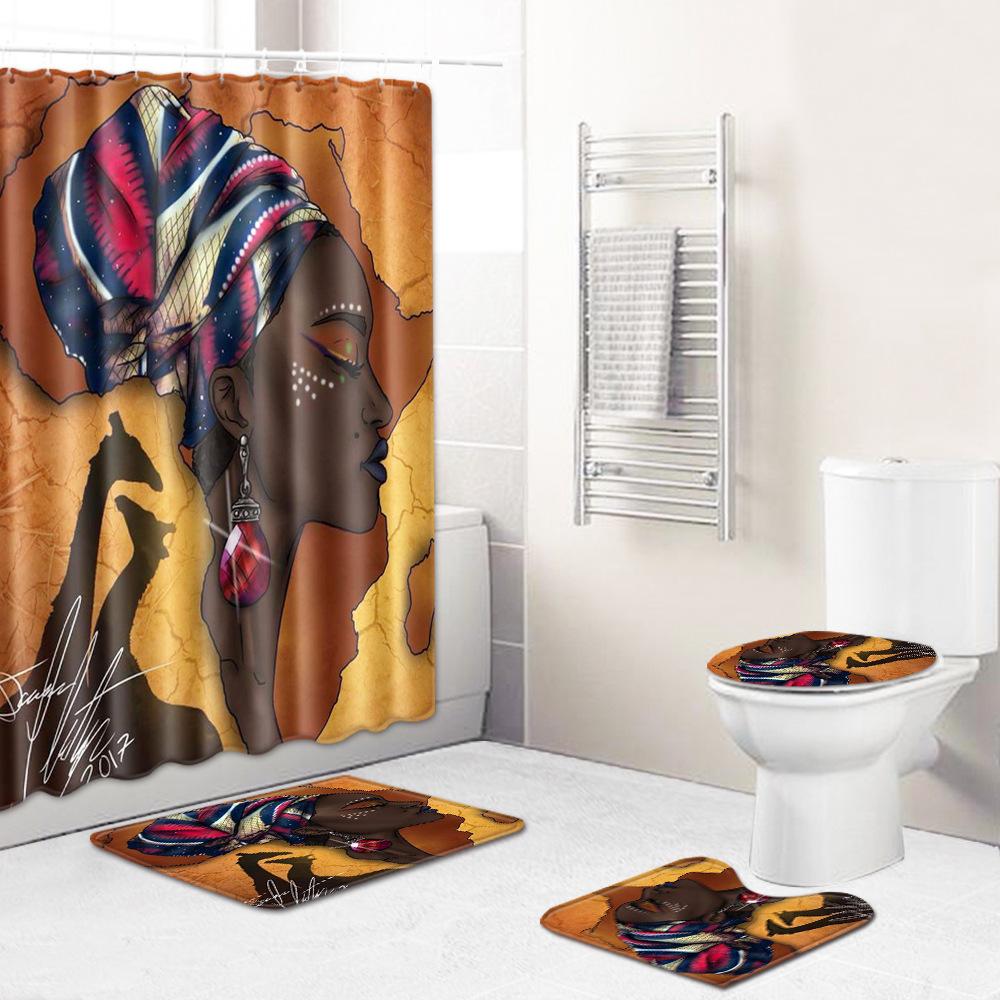 Shower Curtain Floor Mat Set African Woman E-Commerce Bathroom Carpet