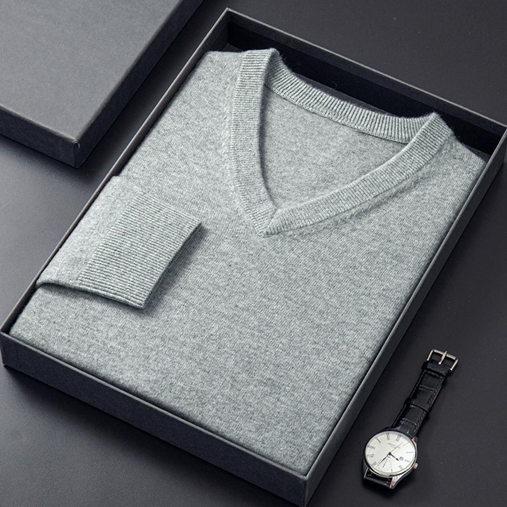 Men Autumn V-Neck Sweater Warm Merino Wool Knit Solid Pullover Sweater