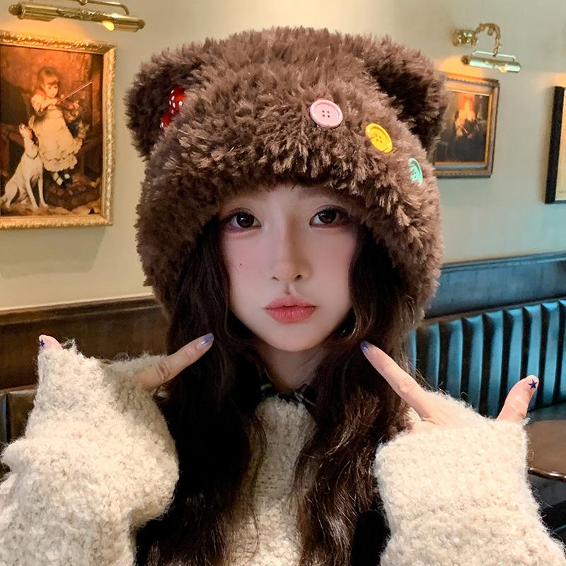 Cute Button Bear Ears Plush Knitted Hat Children'S Season Warm Ear Protection Cold Wool Hat Head Hat