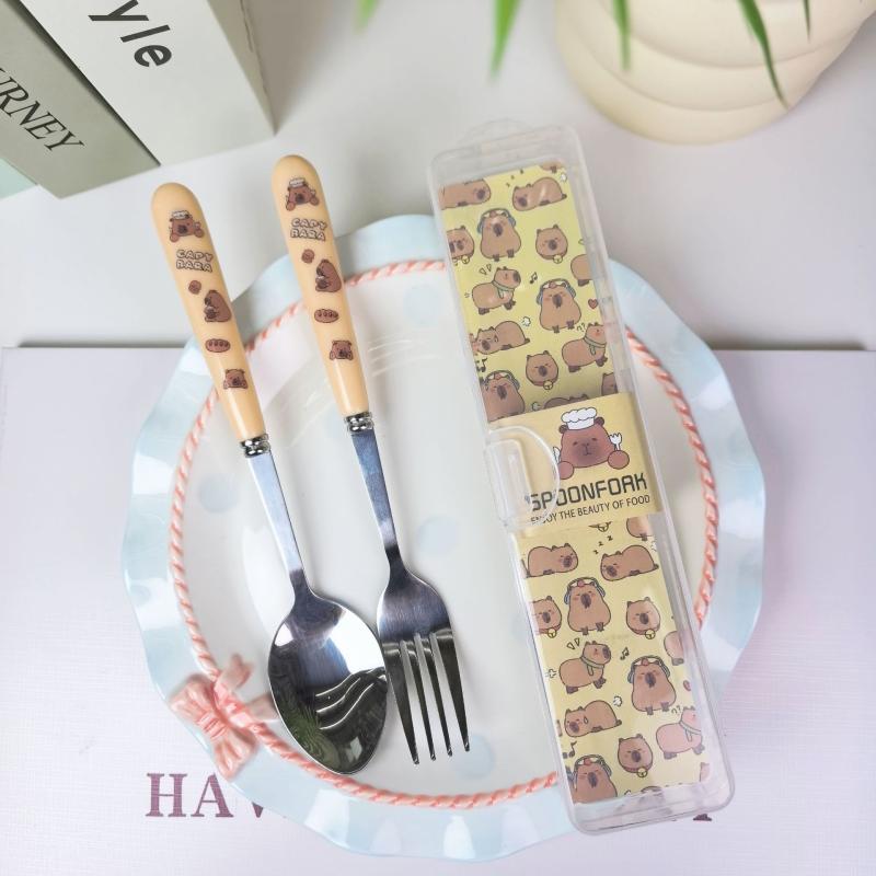 Портативный мультяшный капибара из нержавеющей стали столовые приборы двухпредметный набор вилка ложка студенческие наборы посуды кухонная посуда