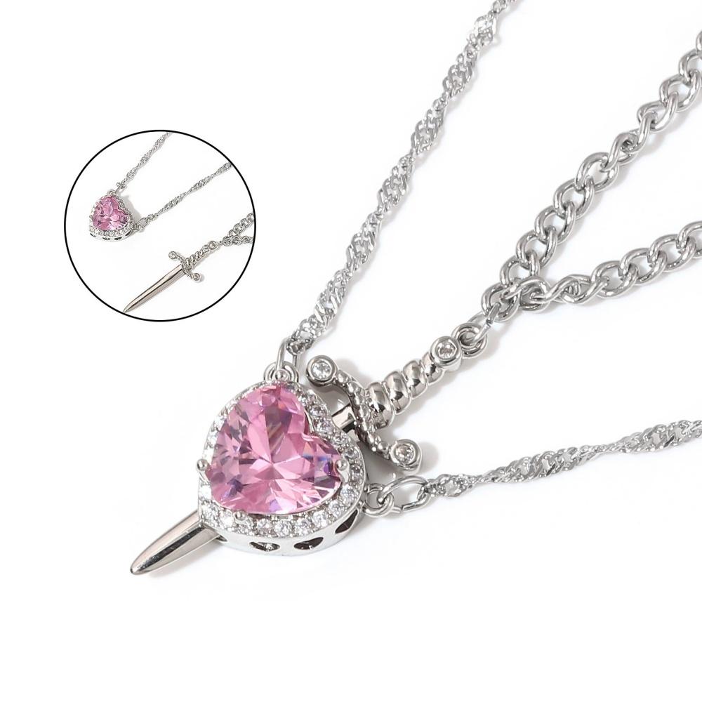 New Geometry Zircon Sword Heart Pendant Double layer Necklace Women's Trendy Fashionable Versatile Sweet Exquisite Jewelry Gift