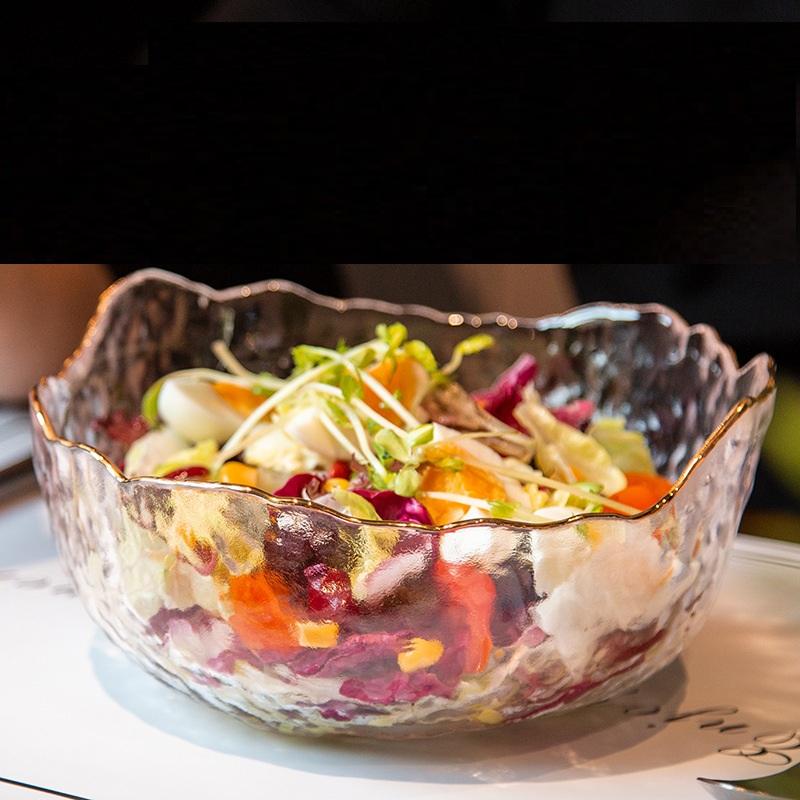 Синсюань Золотистый ободок Стеклянная миска Прозрачная фруктовая тарелка Миска для овощного салата Домашняя креативная миска для холодных овощей