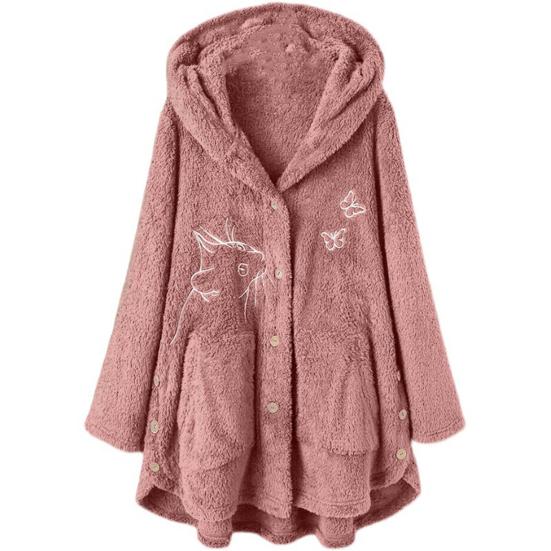 Women Winter Coat Thick Warm Thermal Long Sleeves Buttons Plush Butterflies Cozy Cat Pattern Winter Hoodie Coat for Outdoor
