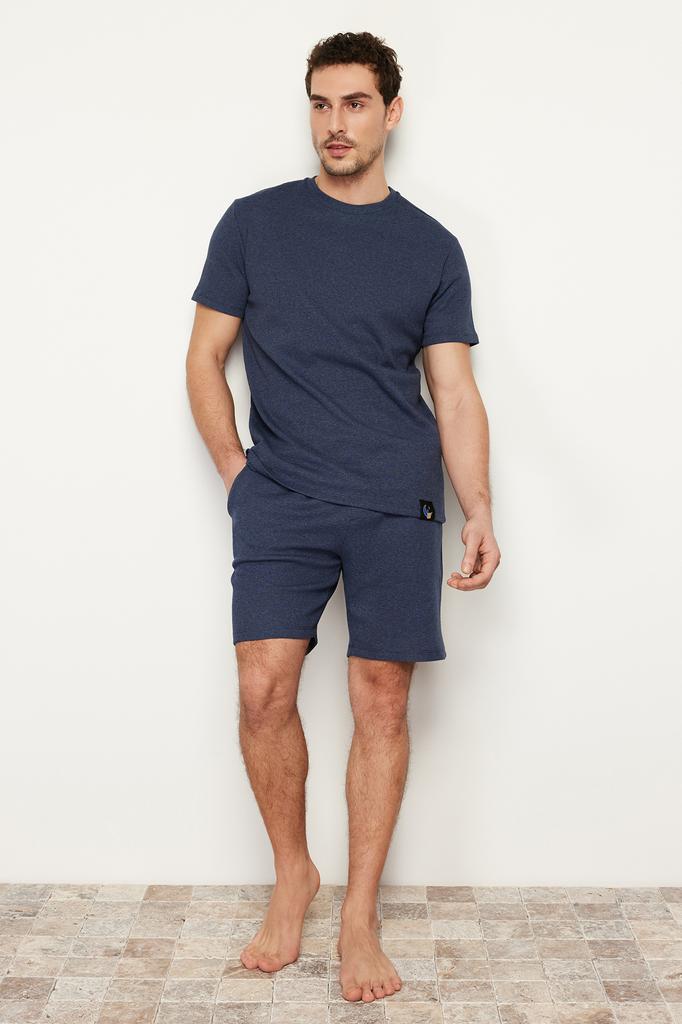 Men's Fashion New Pajama Set Indigo Regular Fit Waffle Knitted Pajama Set with Shorts