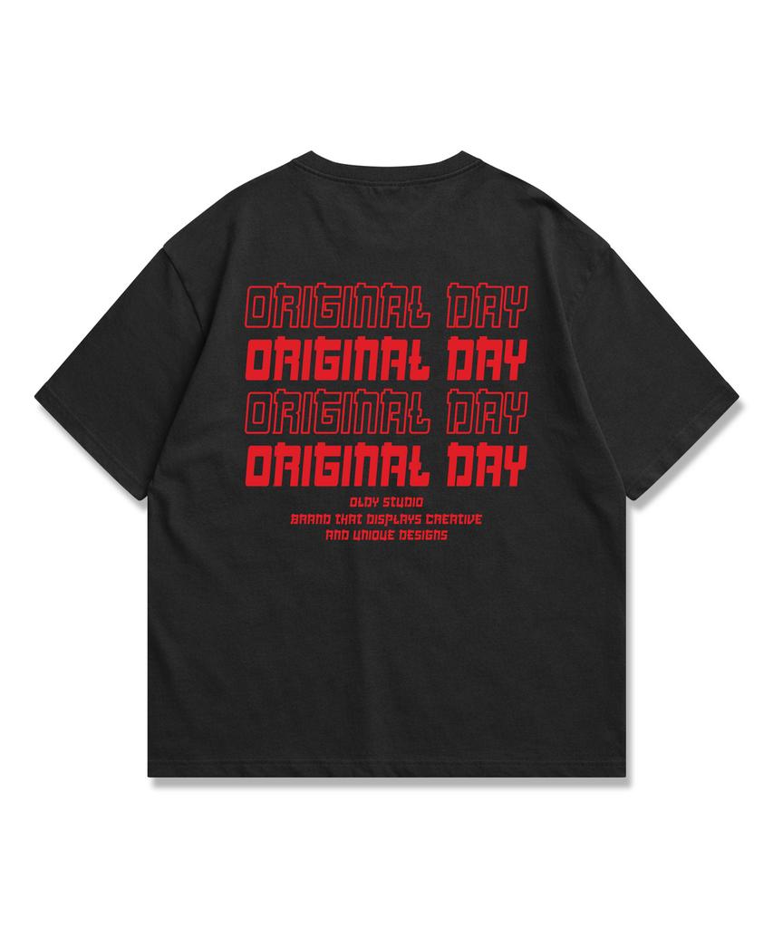 ORIGINALDAY Оригинальный Цветной Шрифт Оверсайз Футболка с Коротким Рукавом Унисекс Черный (красный)