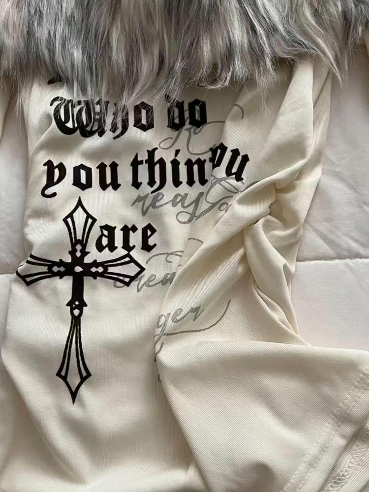 American Vintage Print Fur Stitched Tops Women 2000s Y2k One Shoulder T-shirt Thin Sweet Babes High Street Casual Base Layer Clothes