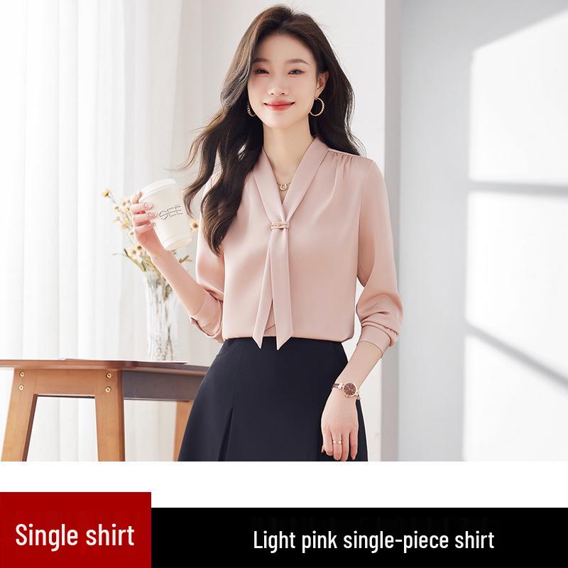 Весна 2024 Женская блузка из струящегося атласа с воротником-стойкой и завязками - Свободный крой, Профессиональный OL-дизайн