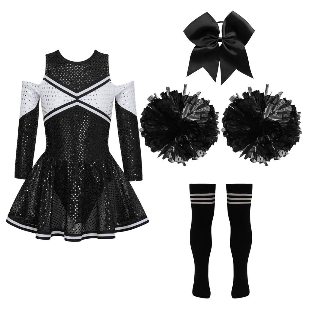 Костюм черлидинга для девочек, платье Cheer Leader с блестками и длинными рукавами, комплект с помпонами, вечеринка на Хэллоуин, день рождения