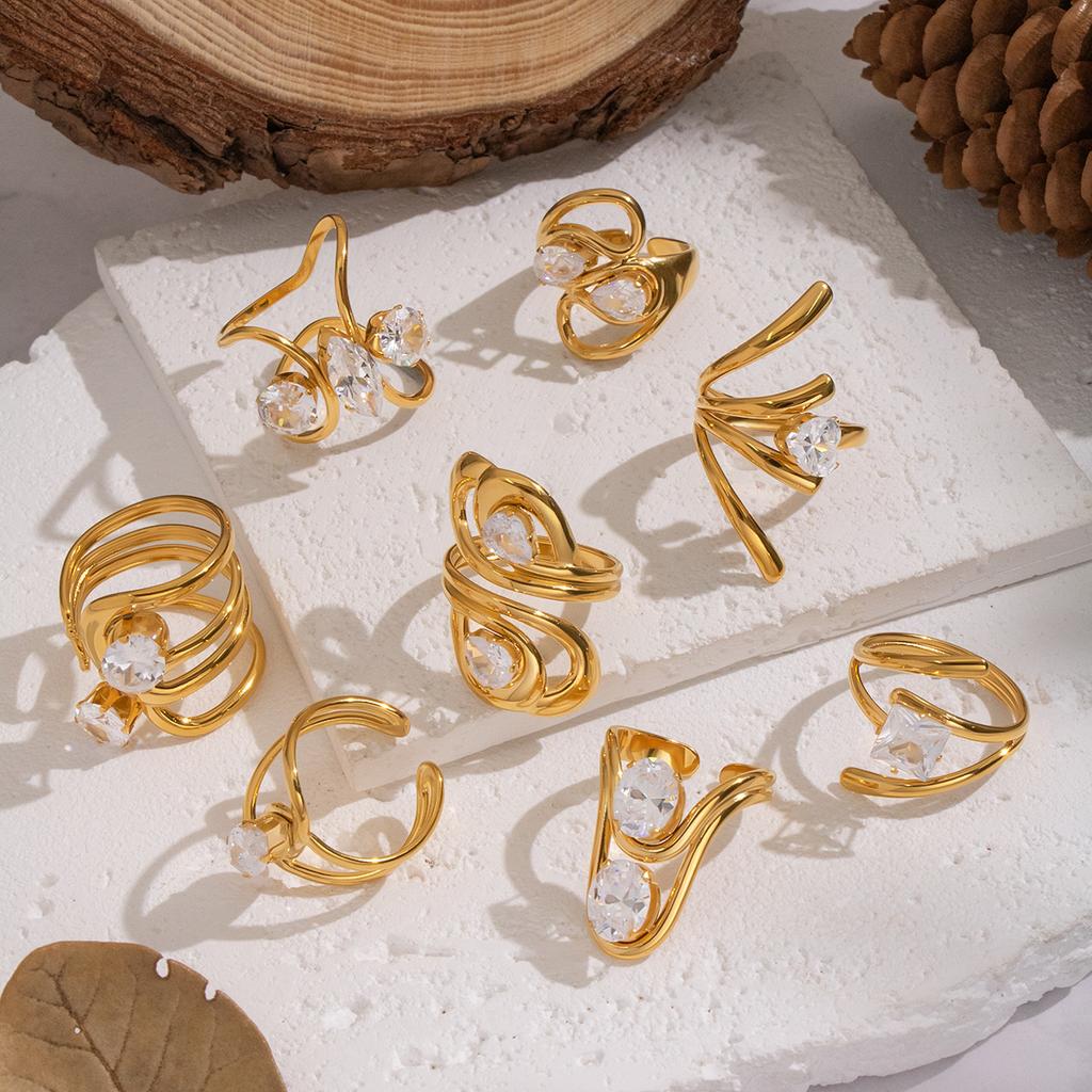 Yori Simple Line Design Open Ring for Women Golden Plated Cubic Zirconia Stainless Steel Finger Jewelry New Arrivals