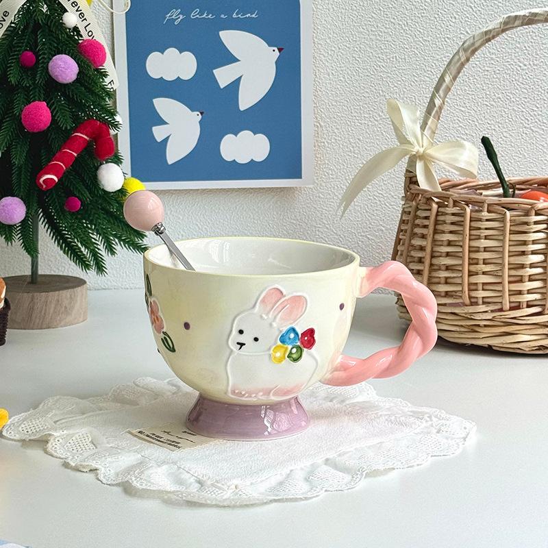 Милая керамическая кружка с тиснением в виде кролика, подглазурная цветная чаша, офисная чашка для молока и завтрака, подарок на день рождения для женщин