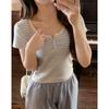 American Retro Right Shoulder Striped Short-sleeved T-shirt for Women Spring and Summer New Niche Design Button Short Top