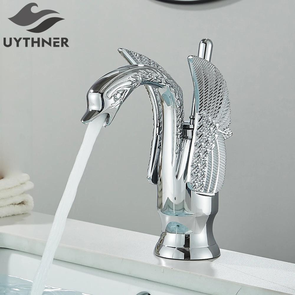Uythner Luxury Swan Bath Basin Brass Faucet Cold and Hot Water Mixer Taps Black /Gold/Antique Bathroom Washbasin Crane