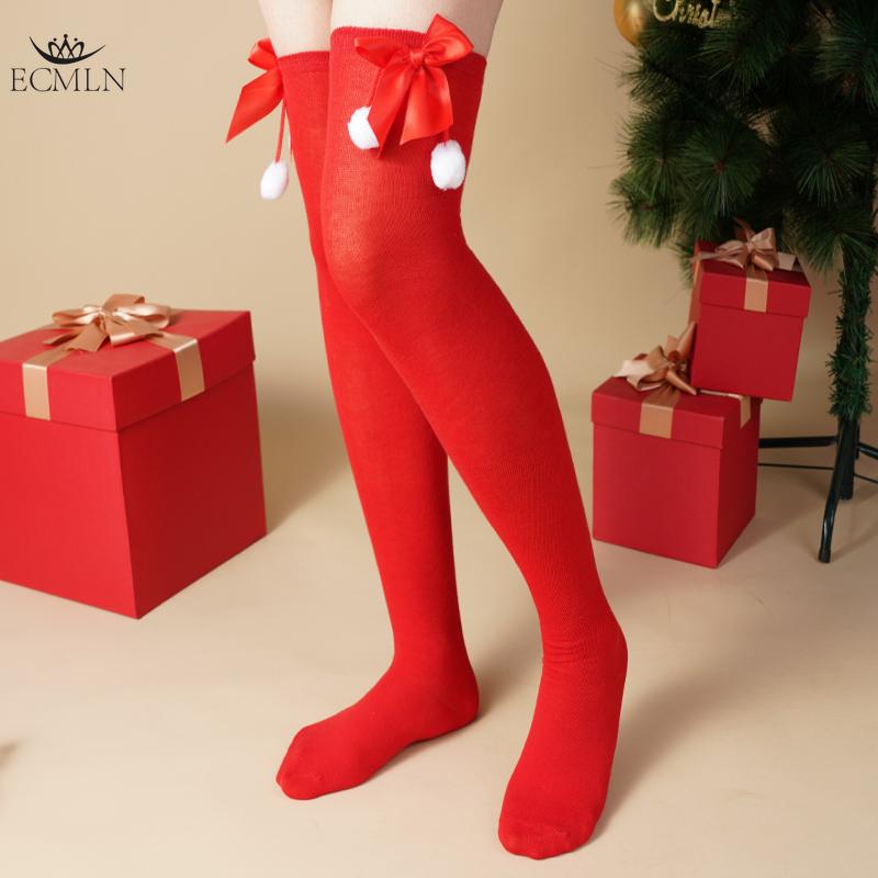 Рождественские хлопковые чулки зеленого и красного цвета в полоску выше колена с бантом, длинные носки 70 см