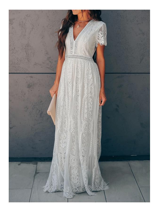 Платье с короткими рукавами и V-образным вырезом в европейском и американском стиле из кружева