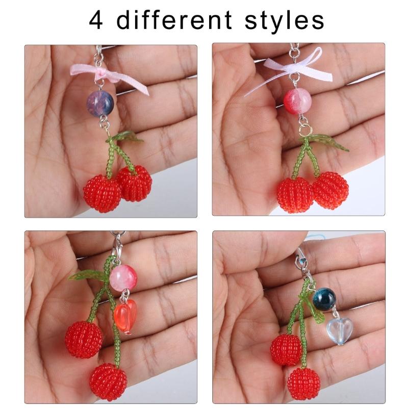 Beaded Cherries Pendant Sweet Phone Chain Strap Hanging Decoration Keychain Lanyard Small Gift for Women Girls