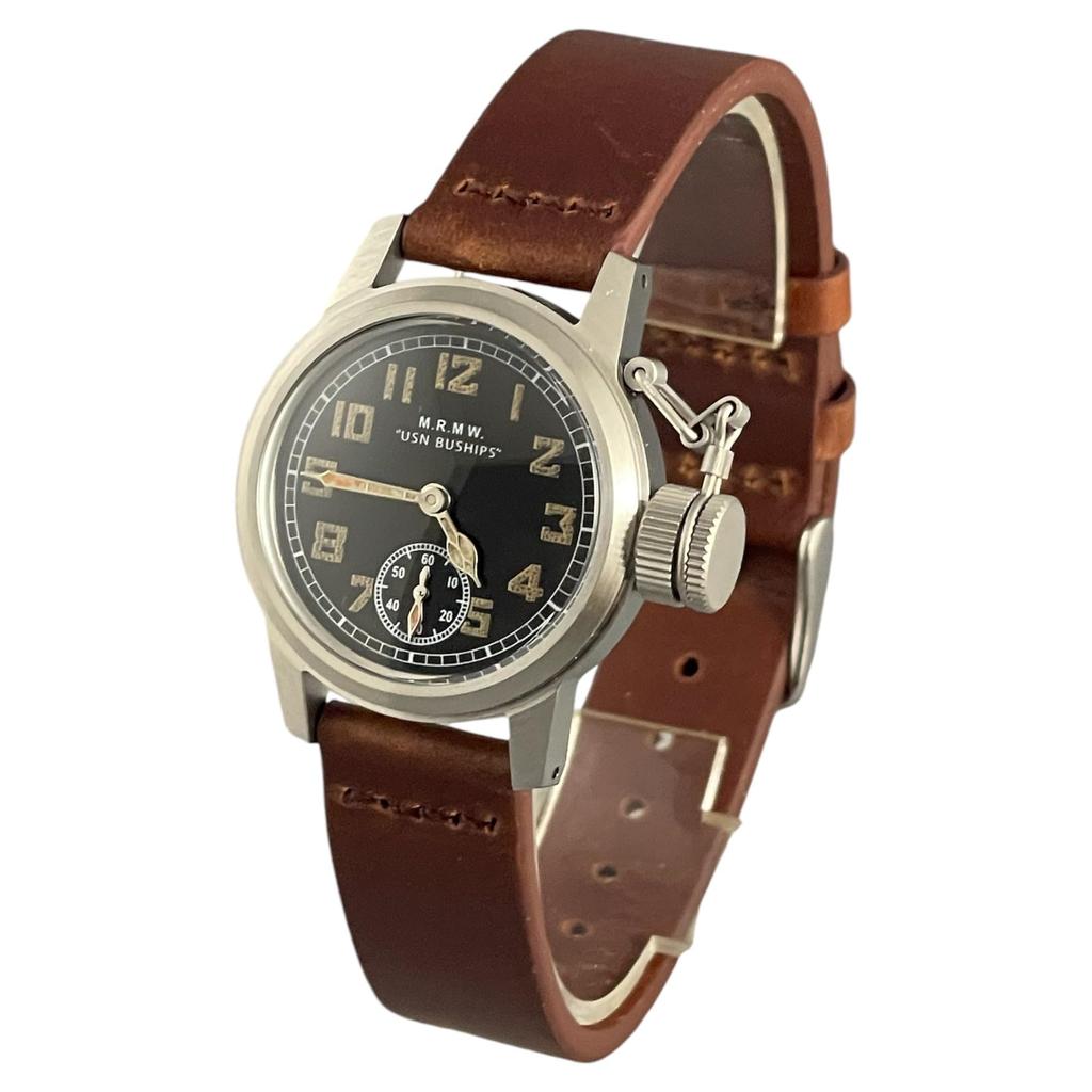 Военные корабли Маленький коричневый кожаный ремешок M.R.M.W. Мужские часы, Секундная стрелка,