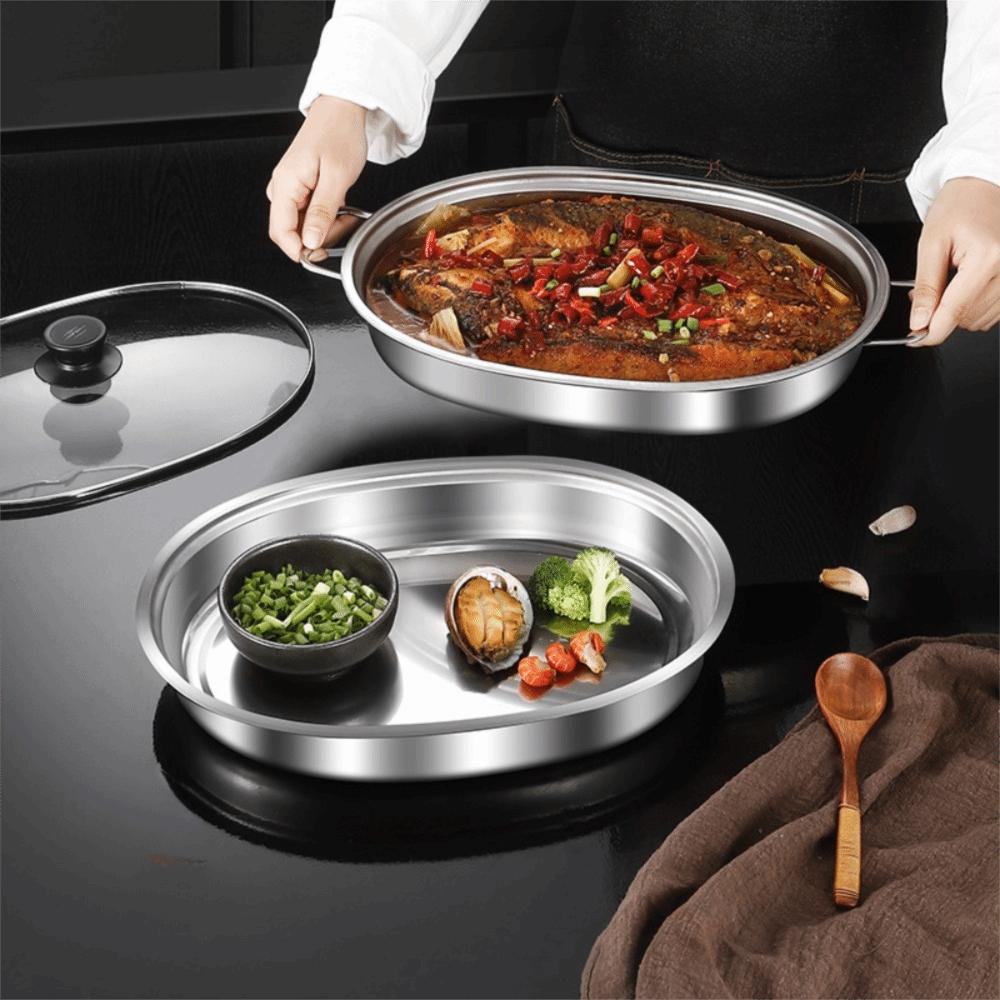 Stainless Steel Oval Grilled Fish Pan Deepened Hot Pot Multipurpose Barbecue Grill Pan Commercial