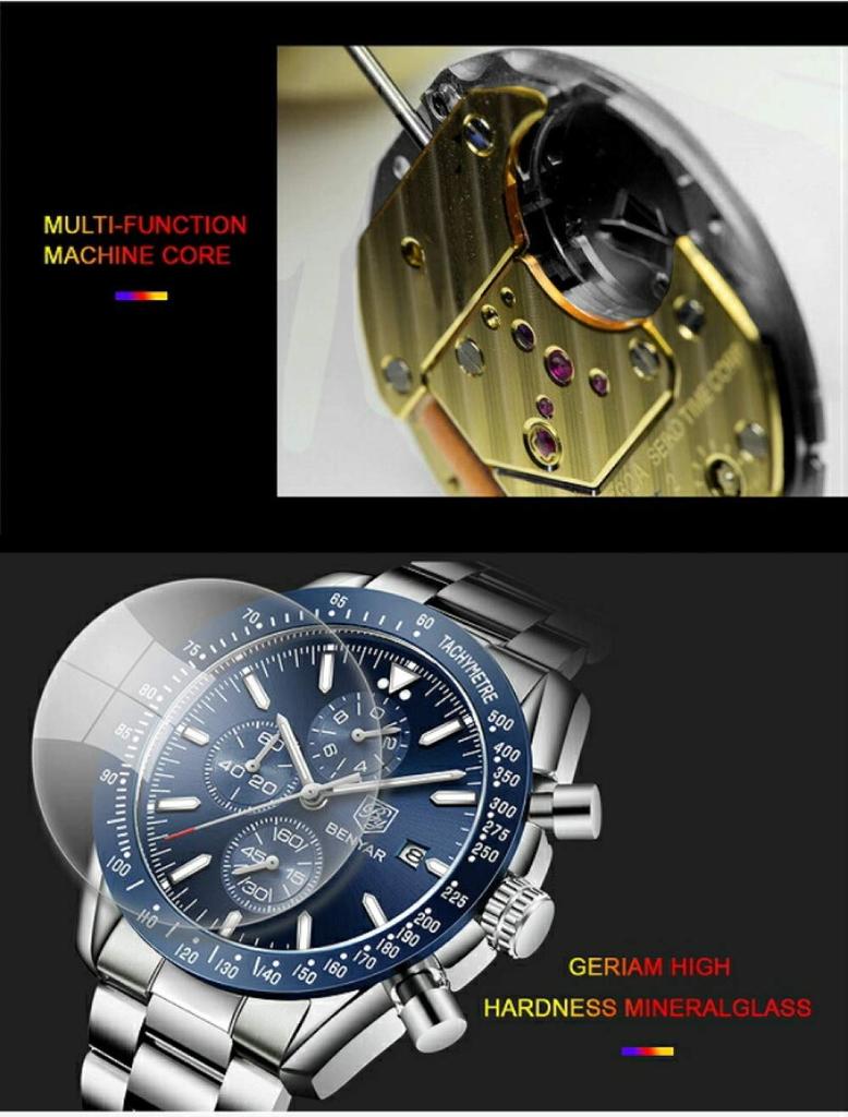 Последние часы BENYAR Chrono Black Blue Quartz Black Stopwatch Calendar Color Analog Type Wrist Watch Cool Stylish Heavy Luxury Cool Trend Popular