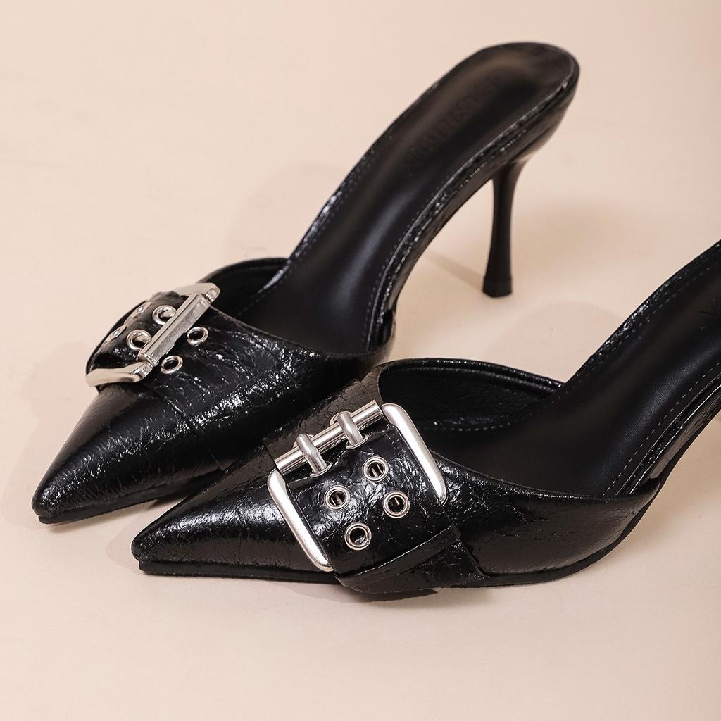 Pointed Toe Women's Mules Shoes Belt Buckle Black Patent Leather Stiletto High Heels Fashion Designer Summer Sandals for Ladies