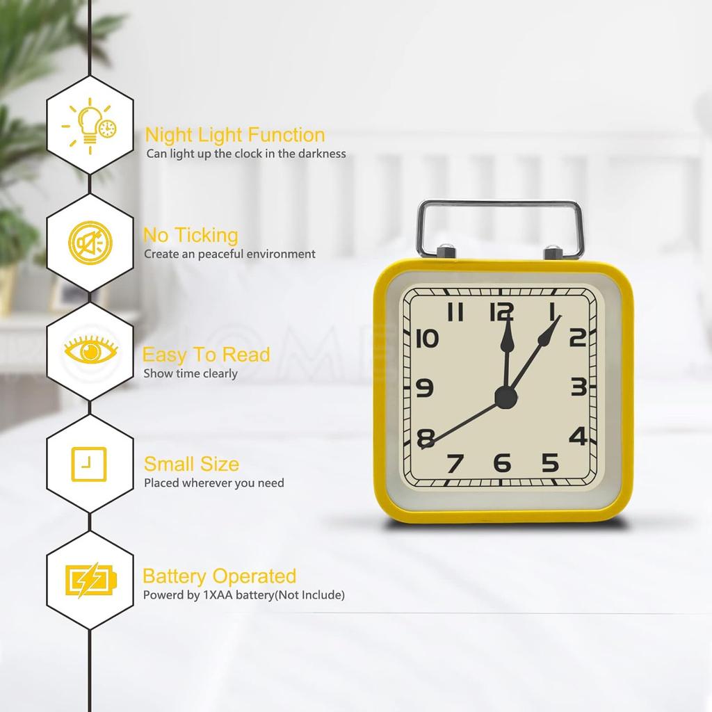 3,5-дюймовый винтажный аналоговый бесшумный будильник с функцией повтора сигнала, не тикающий, небольшой квадратный прикроватный будильник для стола, гостиной