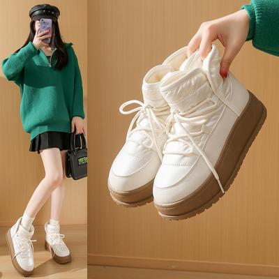 Флисовые высокие ботинки на шнуровке для женской зимы 2025 года, новые студенческие, в корейском стиле, теплые повседневные хлопковые туфли K2905