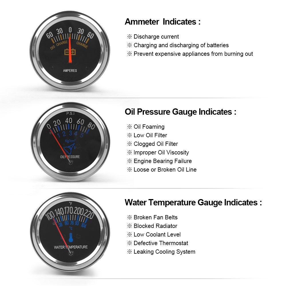 LODENQC 2" 52MM 3 In 1 AMP meter Oil pressure Water temp gauge Chrome Universal Triple gauge Kit Car Meter LC101015