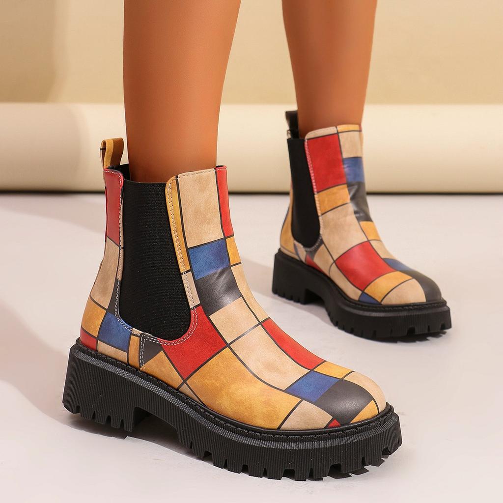Fashion 2025 Women's Pattern Chelsea Boots Spring Autumn Thick Heel Round Toe Square Heel Thick Sole Comfortable Ankle Boots