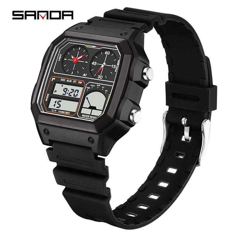 Sanda Temu Студенческие спортивные часы с измерением температуры, водонепроницаемые, двойной дисплей, многофункциональный квадратный дизайн