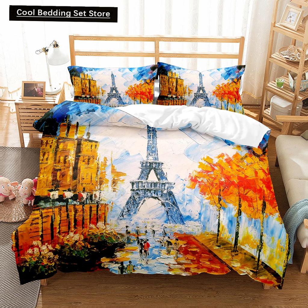 Oil Painting Landscape King Queen Duvet Cover Eiffel Tower Bedding Set Natural Scenery Quilt Cover Polyester Comforter Cover