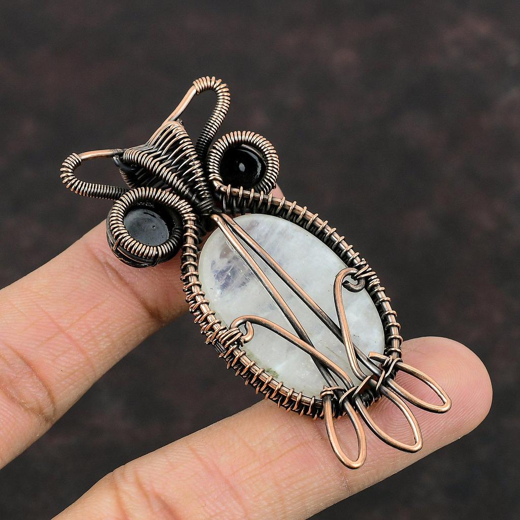 Подвеска Rainbow Moonstone, подвеска из драгоценного камня и меди, подвеска в виде совы, ювелирное изделие из черной проволоки от сглаза, ручная работа, ювелирное изделие из медной проволоки
