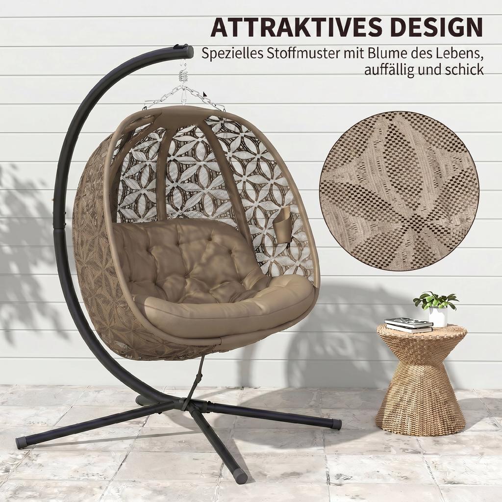 Outdoor Double Hanging Chair with Cushion and Cup Holders, Sand Brown