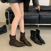 2025 New Korean Version Pointed Pleated Suede Thick Heel Low Tube Thin Soft Leather Chelsea Women's Short Boots
