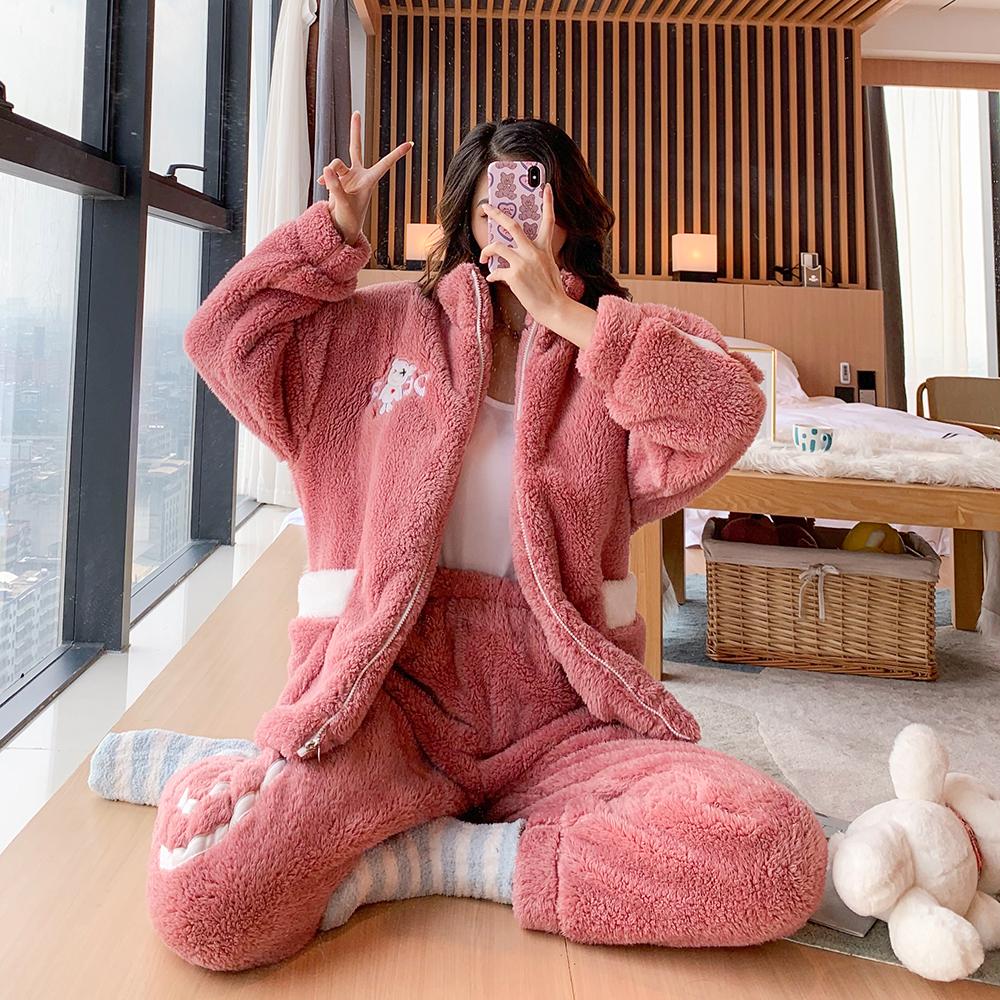 Зимний женский теплый пижамный комплект, одежда для сна из кораллового флиса, фланелевые плотные пижамы с героями мультфильмов, домашняя одежда большого размера, пижама большого размера